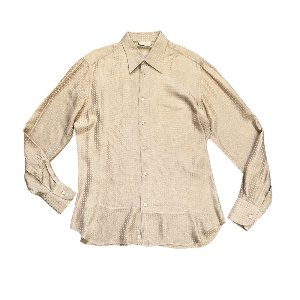 RARE Stefano Ricci Bijan vtg 100%‎ Silk Button Down Shirt Tan Polka Dot Jacquard
